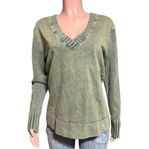 V neck knit fleece mix pullover sweater top  L